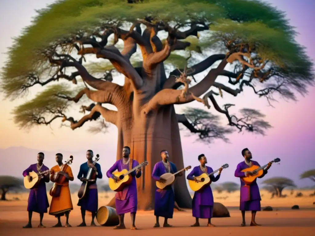 Jóvenes artistas africanos interpretando música tradicional bajo un baobab al atardecer