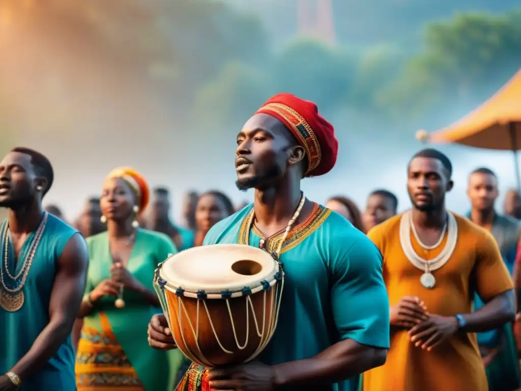 Jóvenes artistas africanos tocando música tradicional en festival al aire libre, bajo el sol brillante