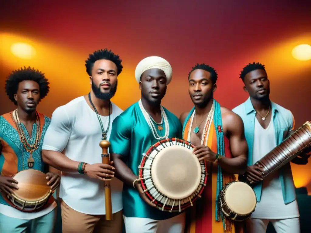 Jóvenes artistas africanos fusionando música tradicional y modernidad en estudio de grabación