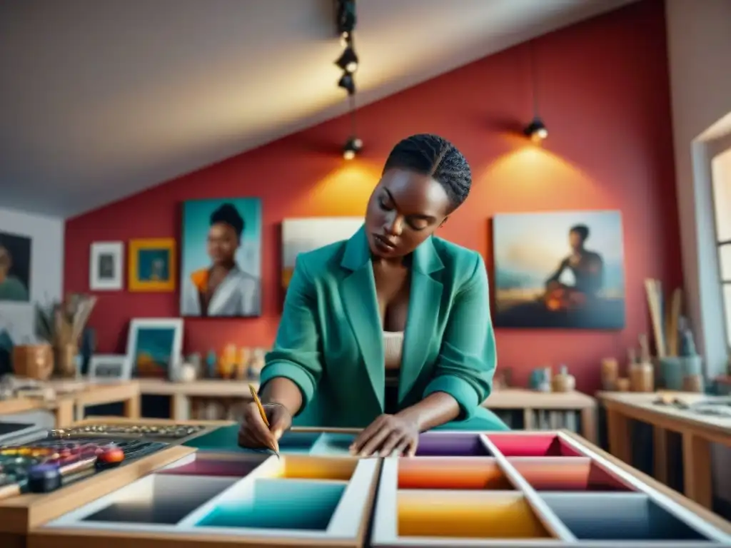 Jóvenes artistas de arte africano colaborando en un estudio vibrante y colorido, lleno de creatividad y energía