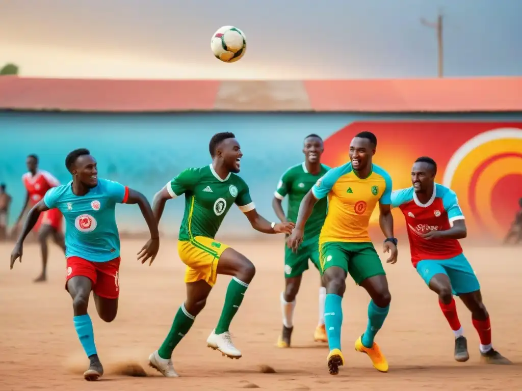 Jóvenes atletas africanos juegan fútbol con pasión bajo el sol, inspirando juventud africana éxito deportivo