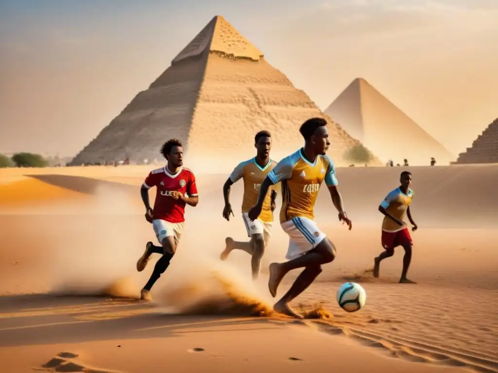 Jóvenes atletas africanos inspirados por historia juegan fútbol cerca de pirámides egipcias al atardecer