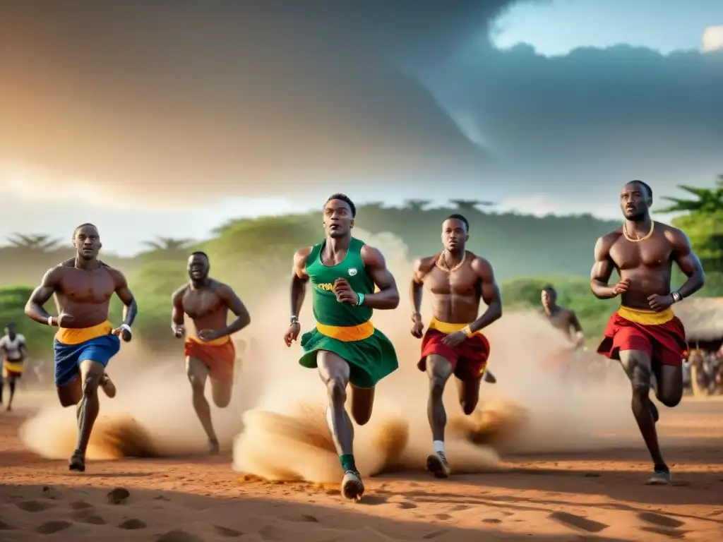 Jóvenes atletas africanos en juego de 'Mbube Mbube' en campo polvoriento con huts tradicionales y follaje exuberante