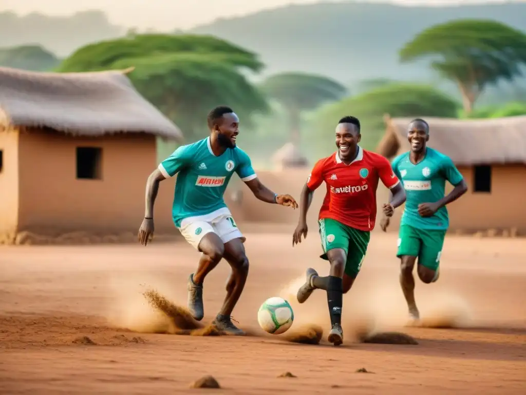 Jóvenes atletas africanos disfrutan de un juego de fútbol en una aldea rural, transmitiendo unidad y pasión por el deporte