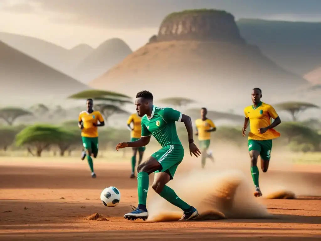 Jóvenes atletas africanos inspirando juventud con éxito deportivo en un apasionado juego de fútbol bajo el sol africano