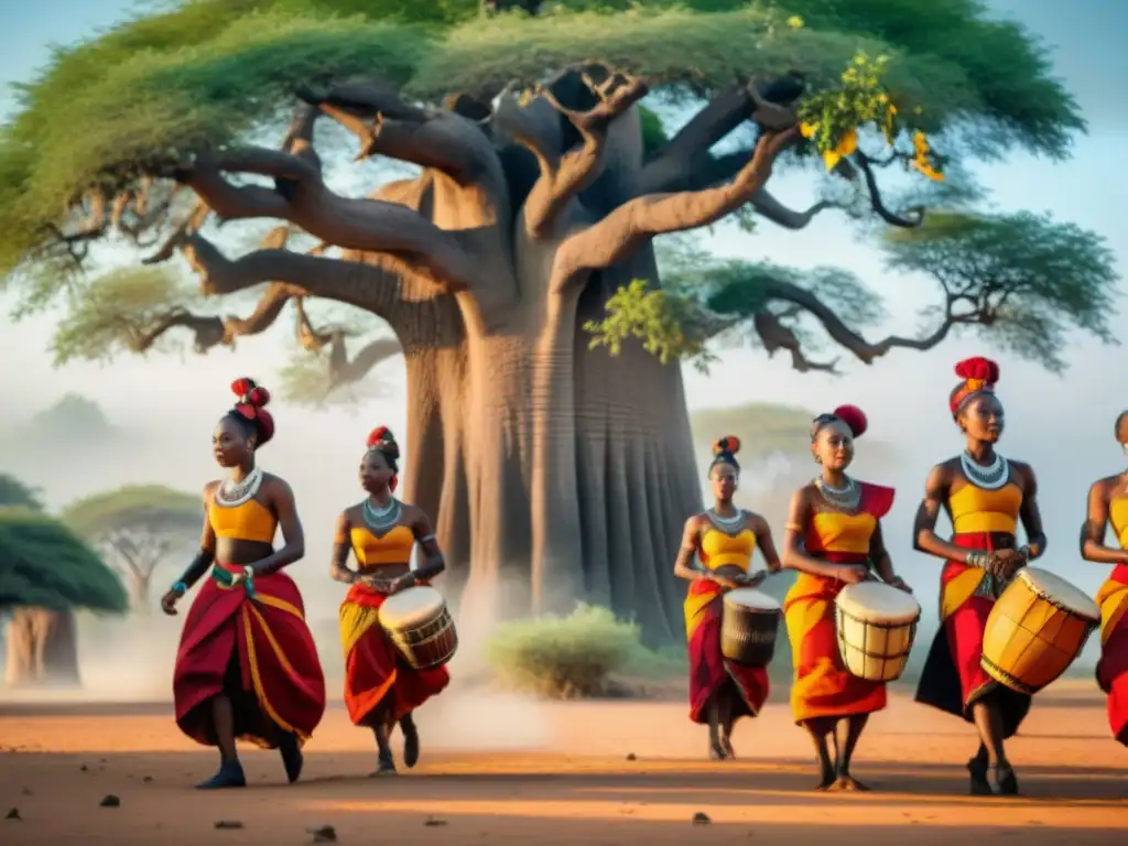 Jóvenes bailarines africanos danzan al ritmo de tambores bajo un baobab, en una escena rica en tradición y comunidad