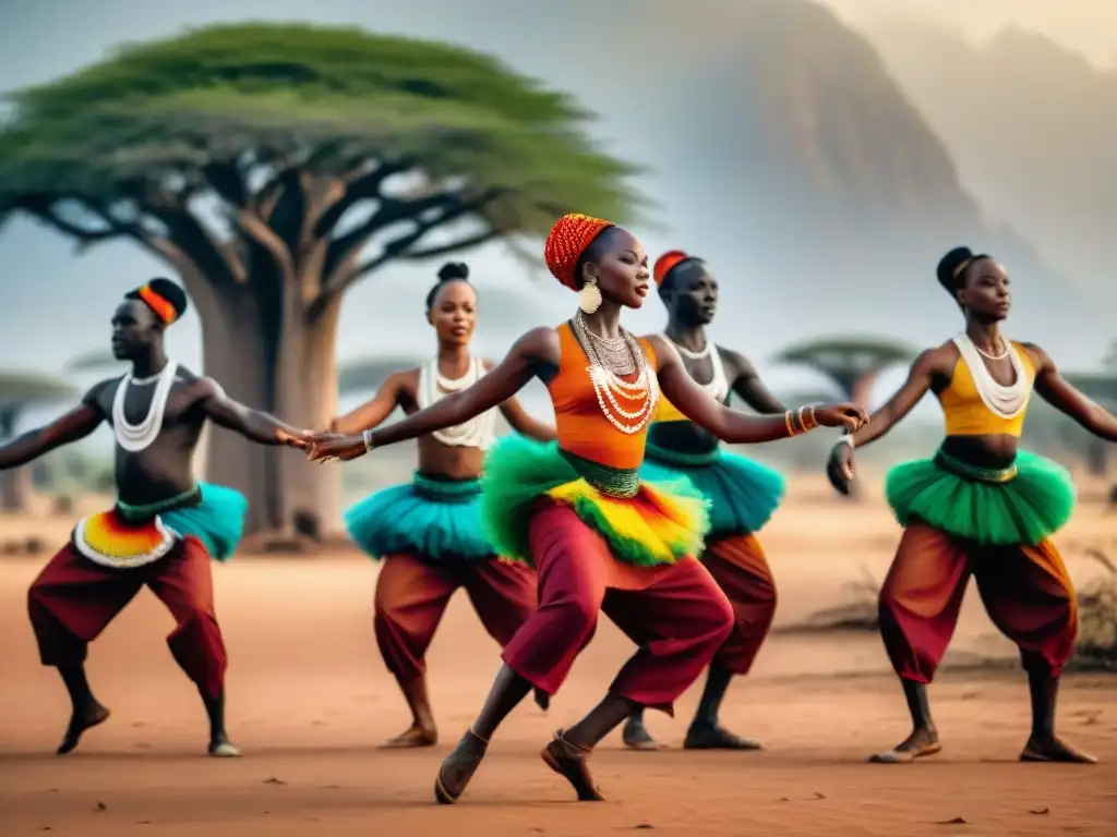 Jóvenes bailarines en África realizan rituales de danza en la sabana bajo el sol brillante y árboles baobab centenarios