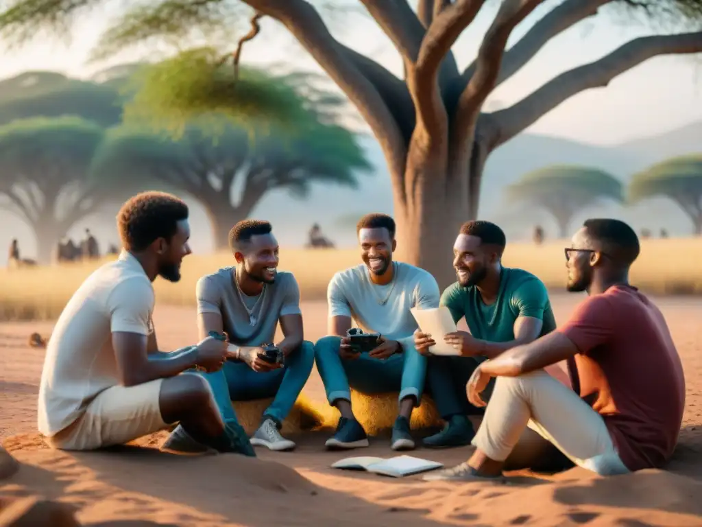 Jóvenes cineastas africanos discuten bajo un árbol al atardecer, en un ambiente de creatividad y determinación