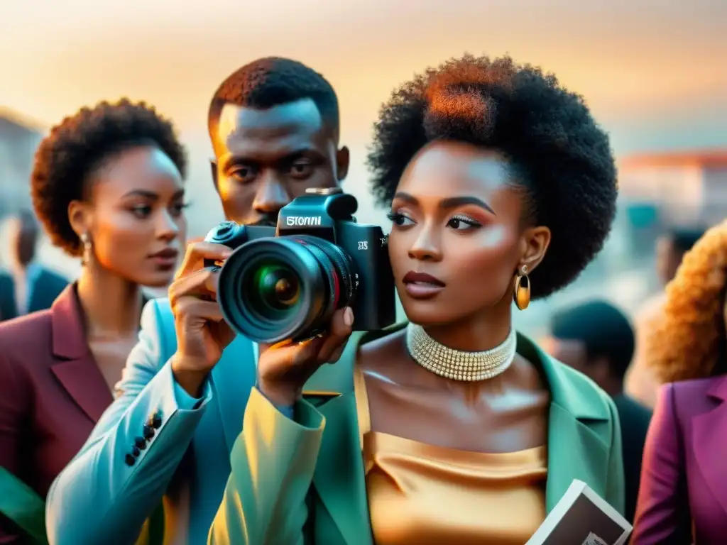 Jóvenes cineastas africanos en set de filmación colaborando al atardecer, reflejando la creatividad y renovación en el cine africano