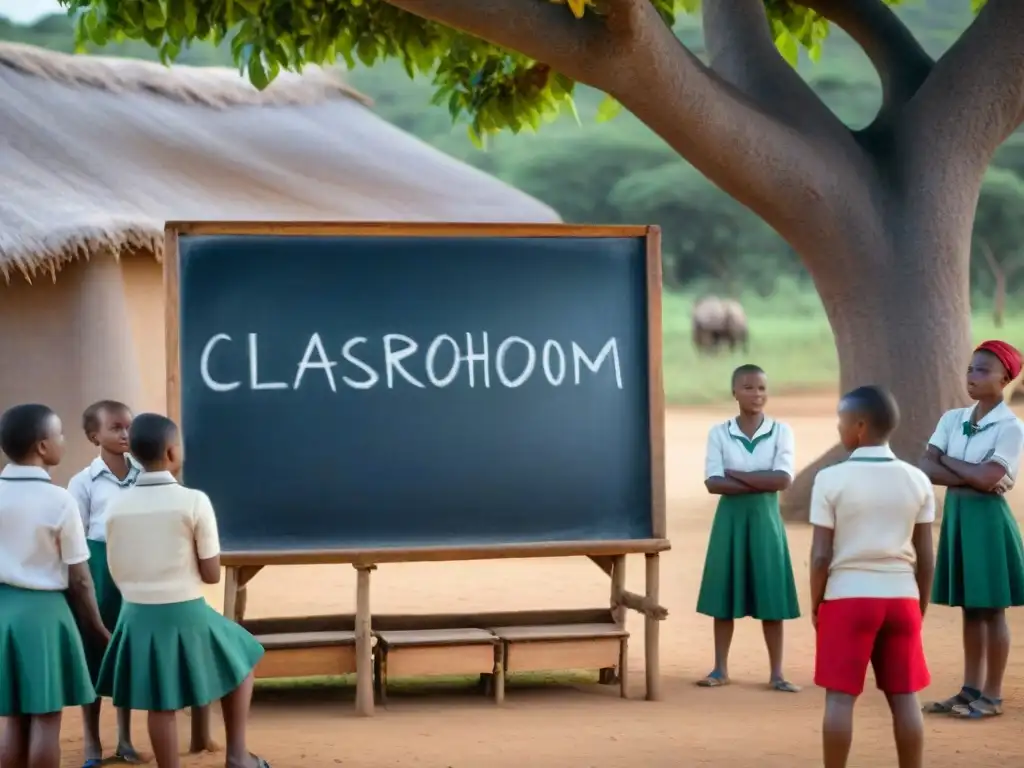 Jóvenes en clase al aire libre, luchando por la independencia en Mozambique