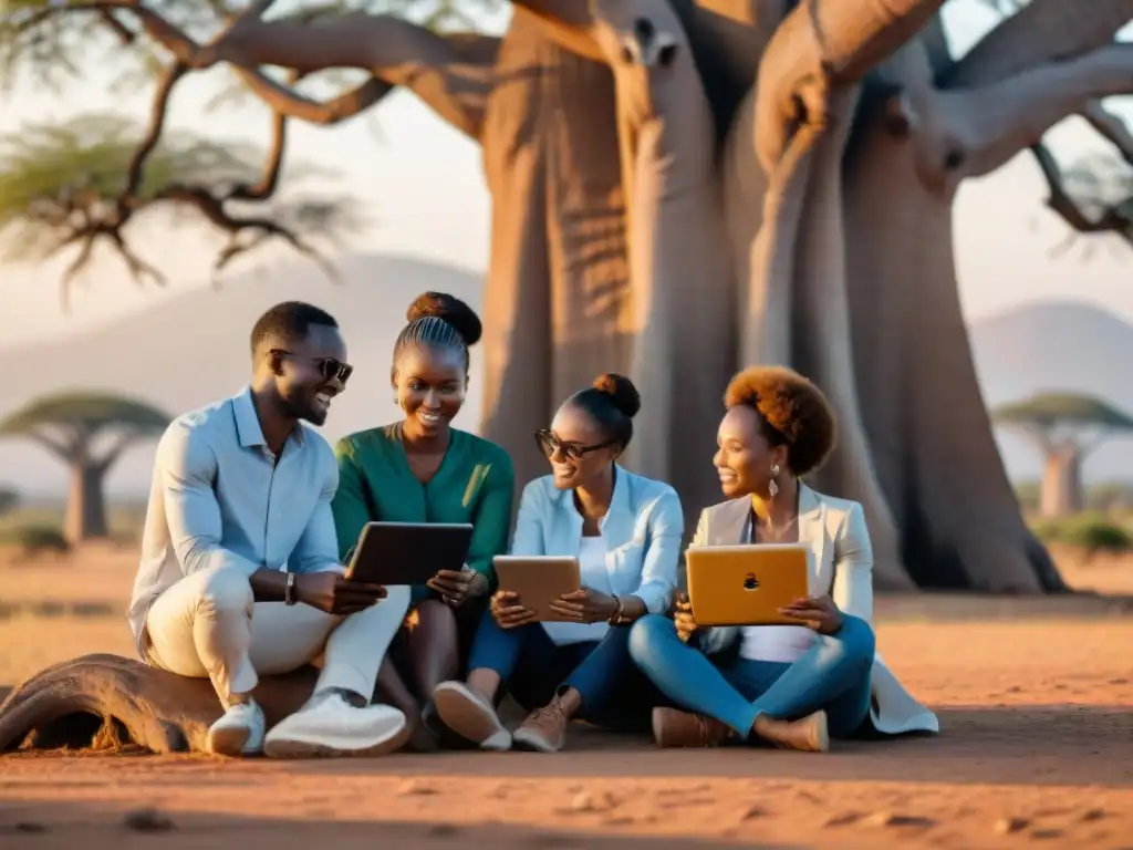 Jóvenes emprendedores africanos debaten bajo un Baobab, mostrando gráficos en tablets