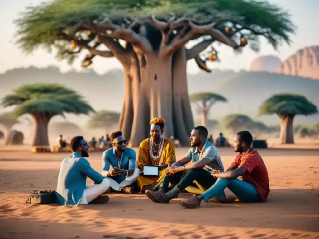 Jóvenes emprendedores africanos colaboran bajo un baobab en una escena culturalmente rica