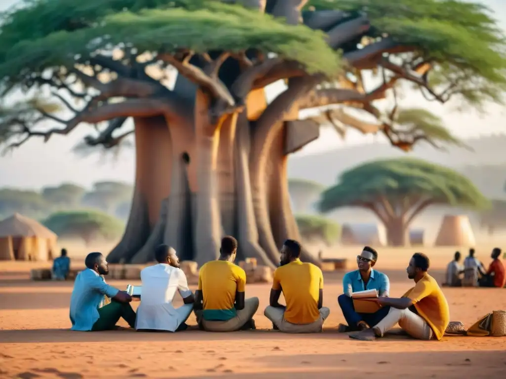 Jóvenes emprendedores africanos debaten bajo un baobab, rodeados de libros y laptops en un mercado vibrante al atardecer