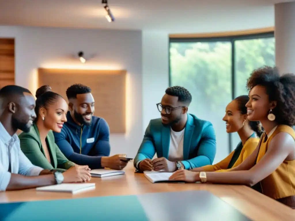 Jóvenes emprendedores africanos colaborando en un espacio de trabajo moderno, simbolizando progreso y empoderamiento a través de la educación y el emprendimiento