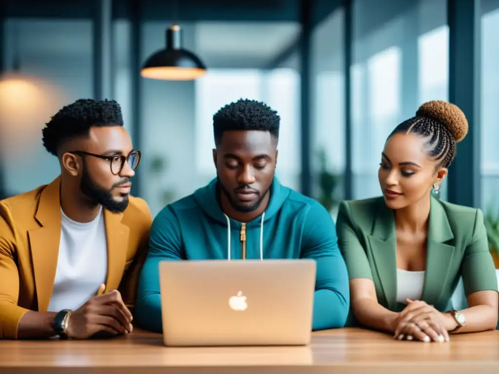 Jóvenes emprendedores africanos debaten estrategias de inversión en criptomonedas en una oficina moderna y colaborativa con decoración africana