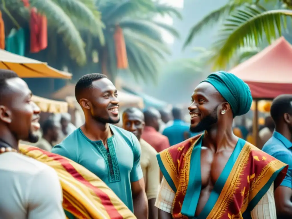 Jóvenes emprendedores africanos debatiendo ideas en un mercado colorido de Lagos, Nigeria, irradiando energía y espíritu emprendedor