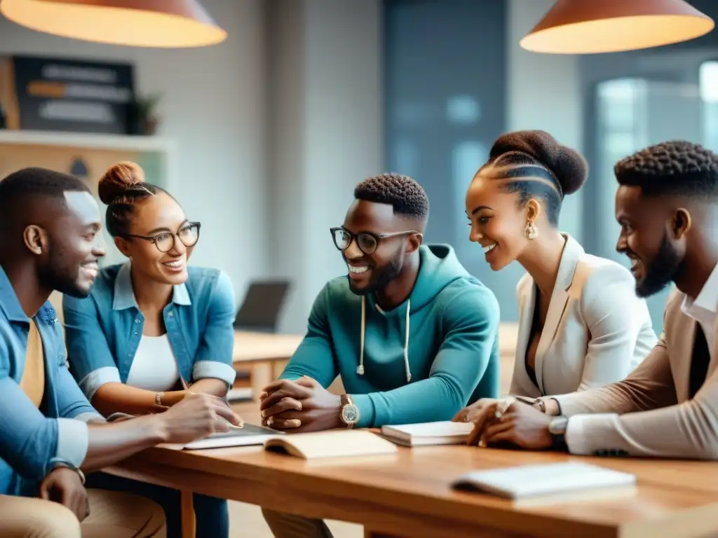 Jóvenes emprendedores africanos colaborando en educación y negocios en un vibrante espacio de coworking