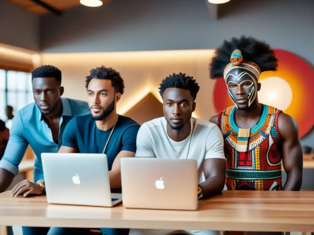 Jóvenes emprendedores africanos en oficina de startups con raíces tecnológicas y elementos tradicionales africanos