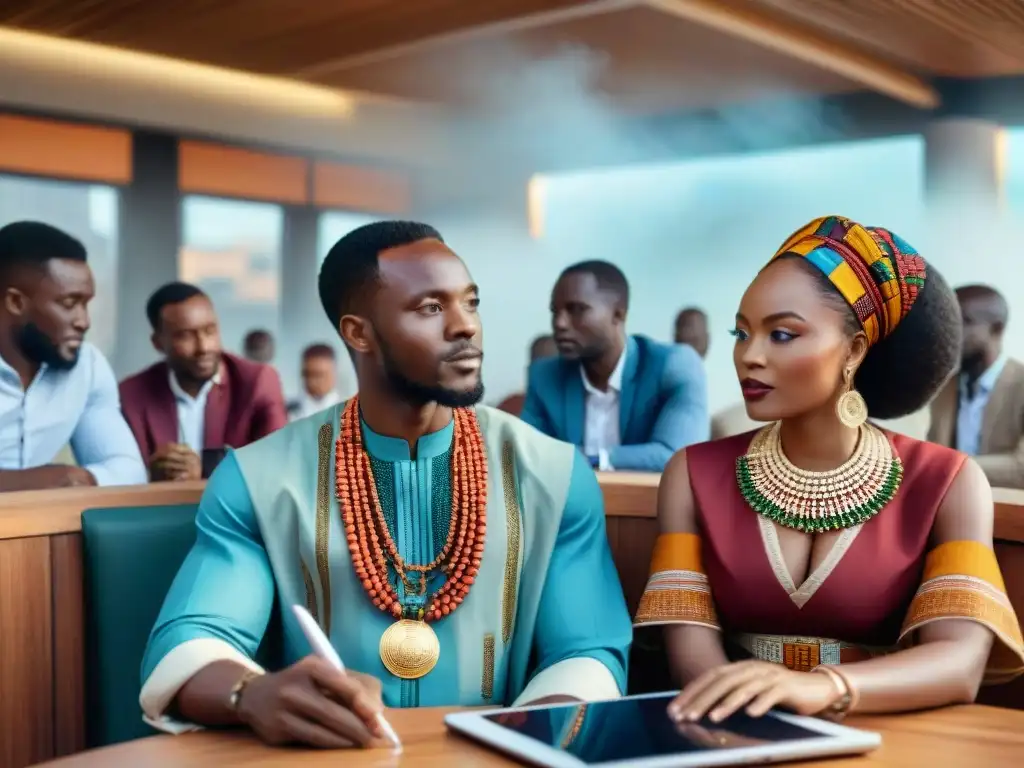 Jóvenes emprendedores africanos colaboran en proyectos innovadores, fusionando tradición y modernidad en un vibrante centro tecnológico