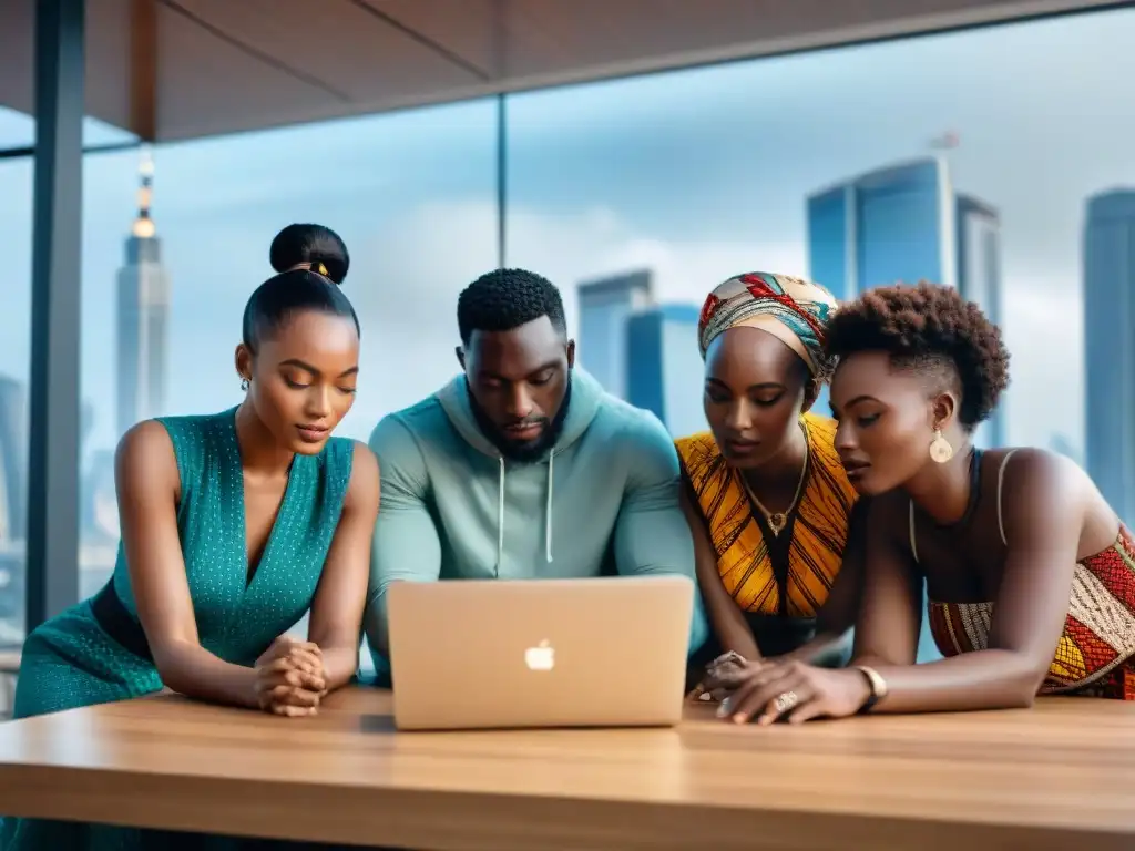 Jóvenes emprendedores africanos en hub tech, mezclando textiles tradicionales con innovación digital