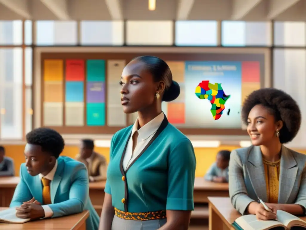 Vibrante discusión: jóvenes africanos celebran la historia enriquecedora Jóvenes estudiantes africanos disfrutando de una animada discusión en un aula llena de creatividad africana en educación histórica
