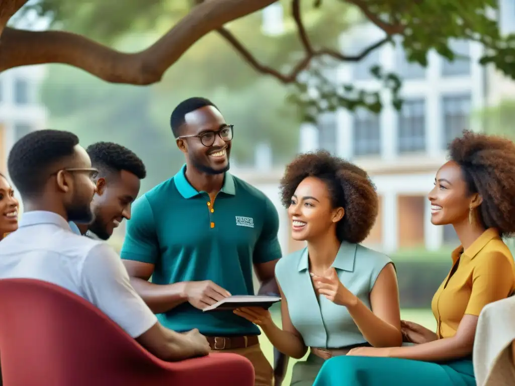 Jóvenes estudiantes africanos colaborando bajo un árbol en vibrante campus universitario