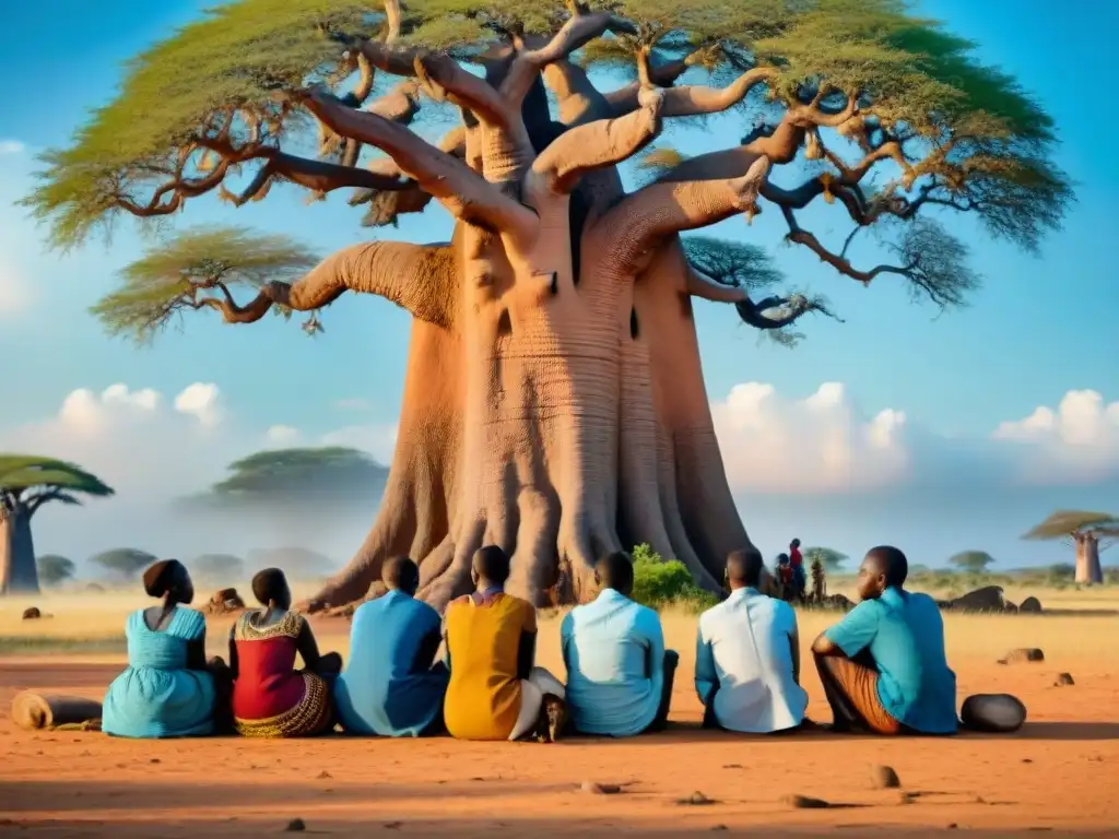 Jóvenes estudiantes africanos aprendiendo arte ancestral bajo Baobab
