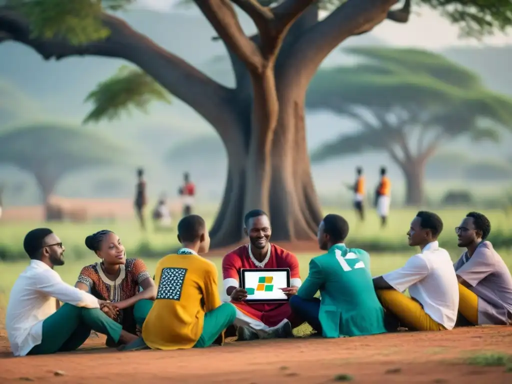 Jóvenes estudiantes africanos aprenden sobre blockchain bajo un árbol