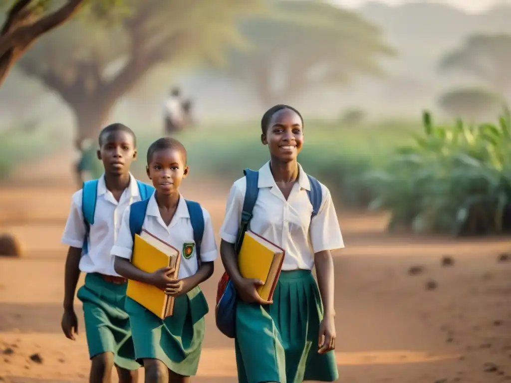 Jóvenes estudiantes africanos caminan con determinación en un pueblo rural africano