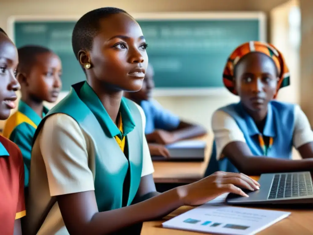 Jóvenes estudiantes africanos aprendiendo Tecnología de la información en una aula vibrante y educativa