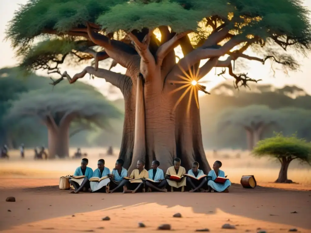Jóvenes estudiantes bajo el baobab, aprendiendo con libros y pizarras de madera