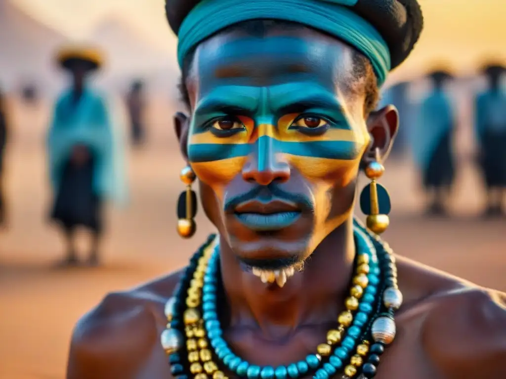 Jóvenes Wodaabe en el festival Gerewol Sahara, con atuendos tradicionales y pinturas faciales, bajo un deslumbrante atardecer