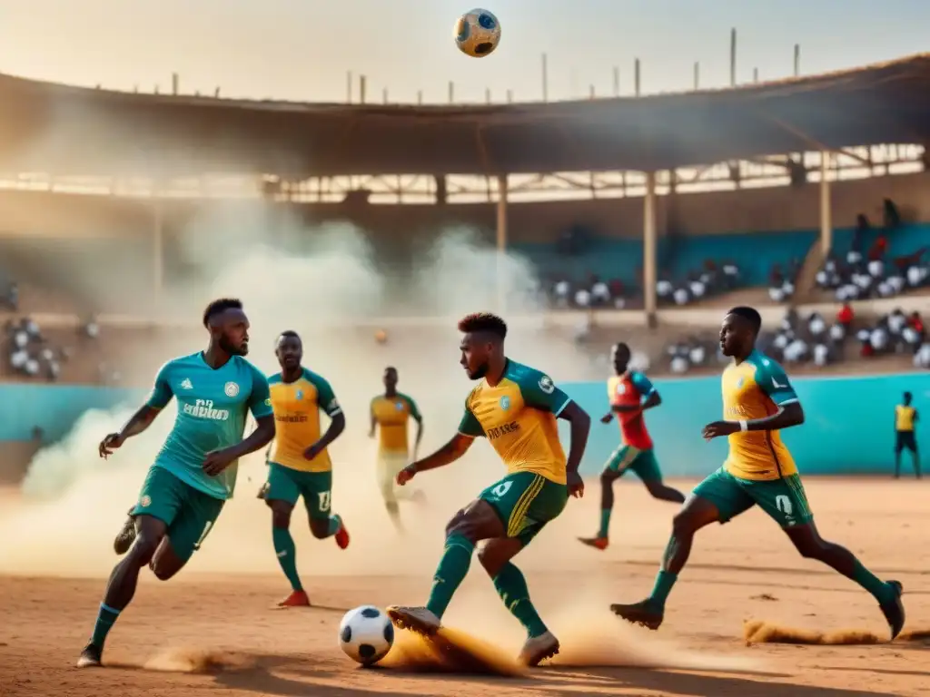 Jóvenes futbolistas africanos entrenan con pasión en un campo polvoriento bajo el sol, mostrando habilidades