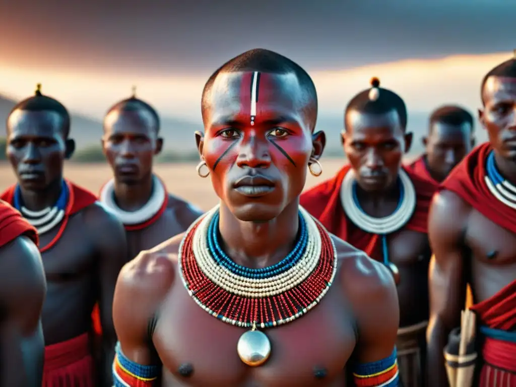 Jóvenes guerreros Maasai en ceremonia de iniciación, con shukas rojos vibrantes y expresiones determinadas