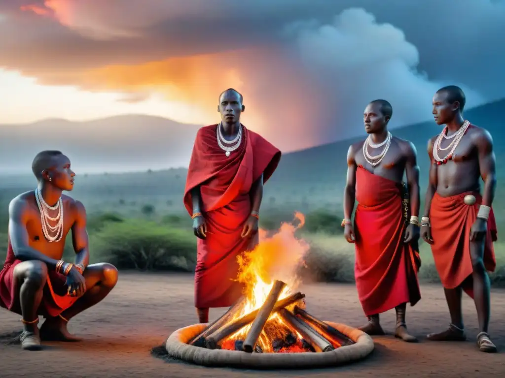 Jóvenes guerreros Maasai danzando alrededor de una fogata, destacando el simbolismo y la esencia de las ceremonias africanas