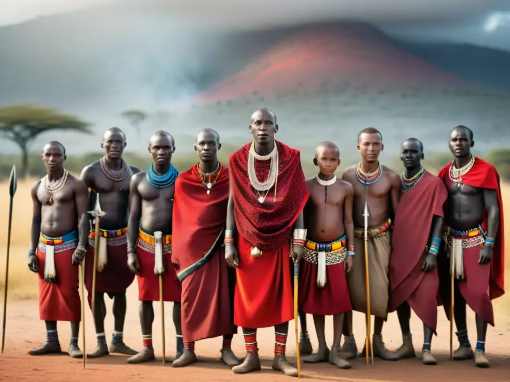 Jóvenes guerreros Maasai en ritual de paso bajo el sol africano, con atuendos tradicionales y lanzas