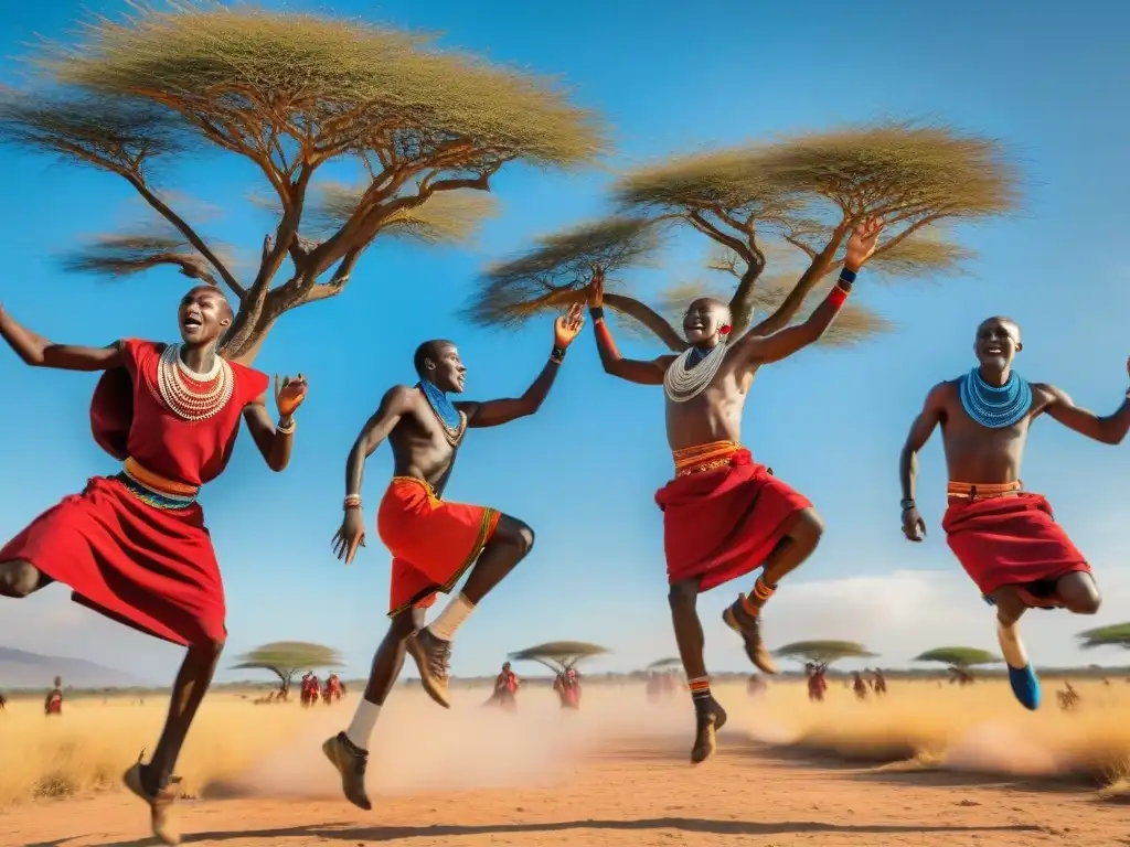 Jóvenes guerreros Maasai compiten en salto tradicional africano bajo el sol en la sabana