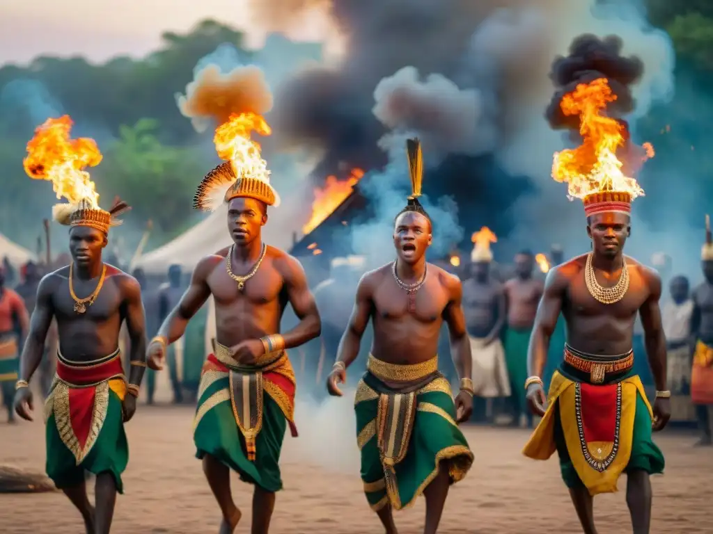 Jóvenes iniciados danzan alrededor de una fogata en África Occidental, en un ritual de danza