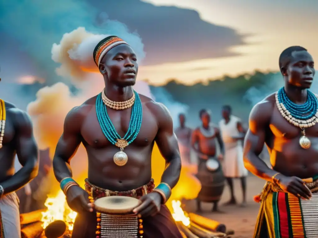 Jóvenes iniciados danzan alrededor de una fogata en rituales de danza en África