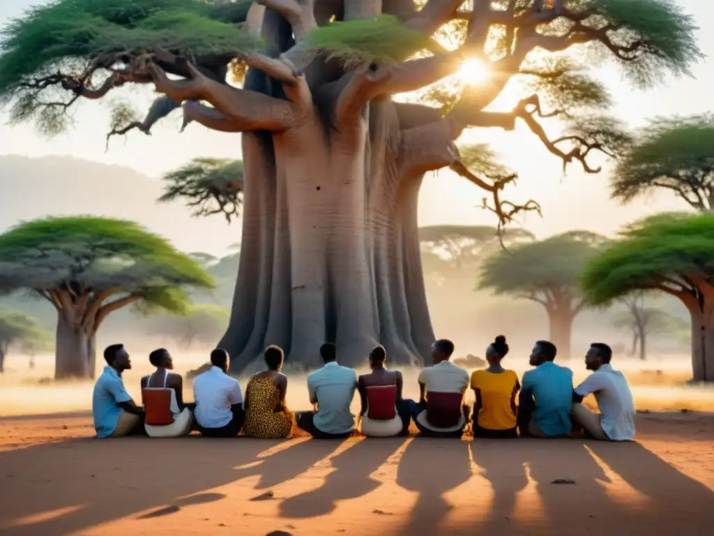 Jóvenes líderes africanos debaten bajo un baobab, reflejando liderazgo juvenil en África