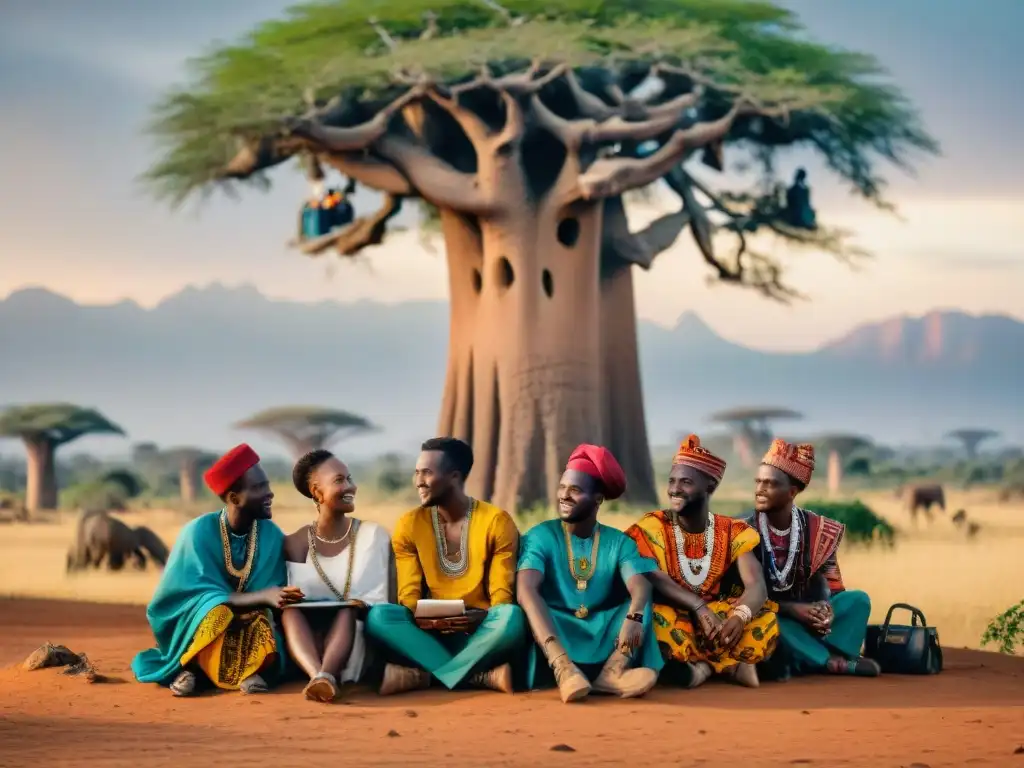 Jóvenes líderes africanos debaten bajo un baobab, fusionando tradición y modernidad