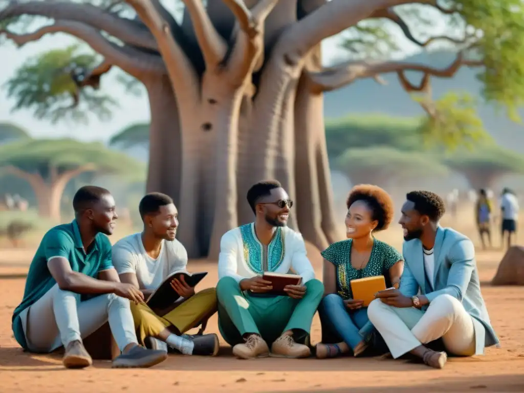 Jóvenes líderes africanos debatiendo bajo un baobab, expresando determinación y colaboración