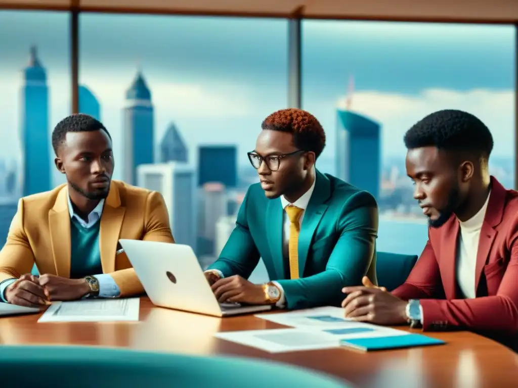 Jóvenes líderes africanos discuten con mapas y laptops en moderna sala de conferencias