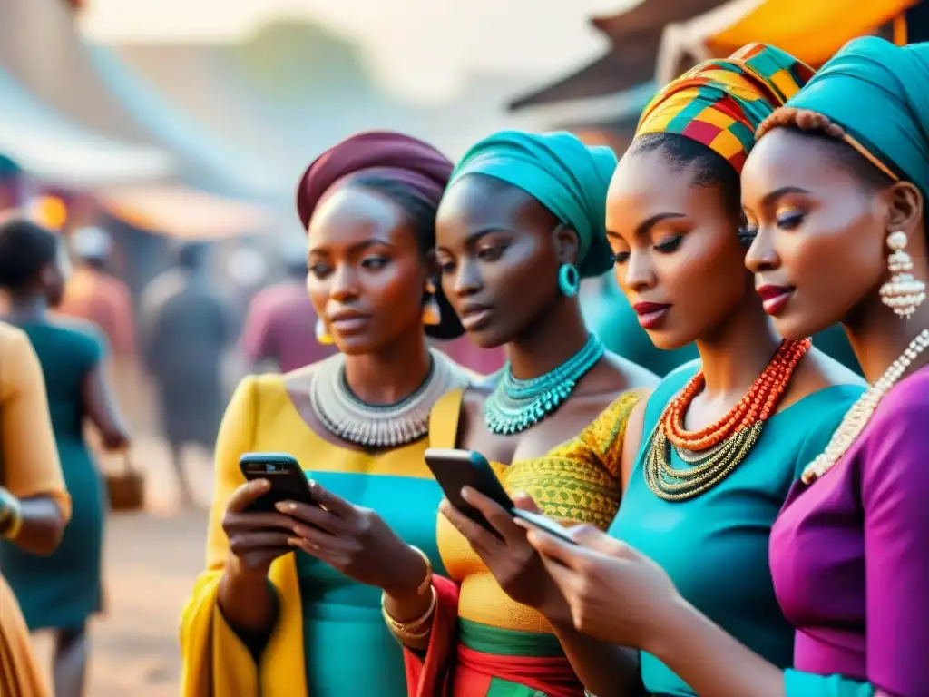 Jóvenes mujeres africanas en vibrante mercado, combinando tradición y tecnología en redes sociales