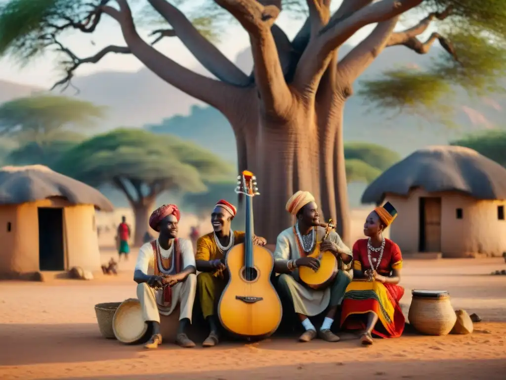 Jóvenes músicos africanos tocando bajo un baobab, con atuendos tradicionales y expresiones de alegría y concentración