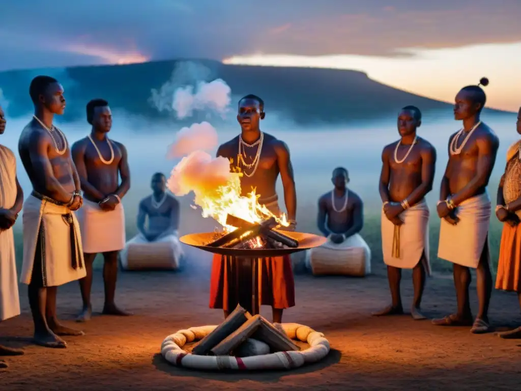 Iniciación en África: jóvenes participan en rituales de género alrededor del fuego en una aldea africana al atardecer