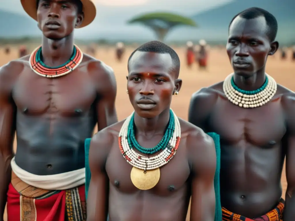 Jóvenes de tribu africana en rito circuncisión tradicional, mostrando orgullo cultural