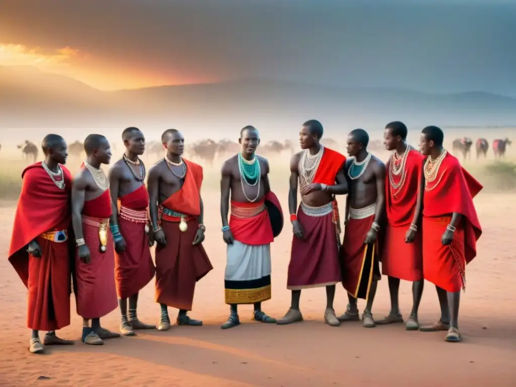 Jóvenes de la tribu Maasai en África, celebrando un ritual de iniciación con danzas coloridas al atardecer