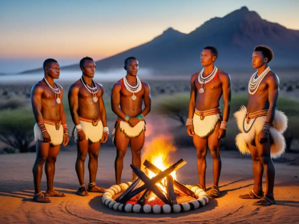 Jóvenes de tribu namibia en ritual de paso con atuendos tradicionales y fuego, destacando la cultura y colores vibrantes