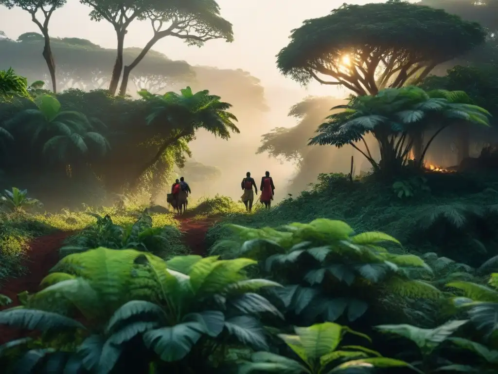 Un jungla africana densa al anochecer con sendero iluminado, evocando la esencia de las Comunidades Maroon en África